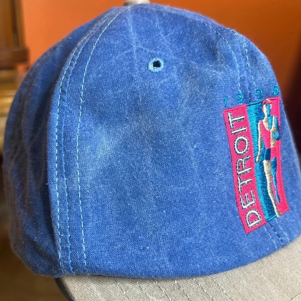 Vintage 90s Detroit Marathon Ford Snapback Hat Blue Denim Embroidered Cap USA - Picture 5 of 11